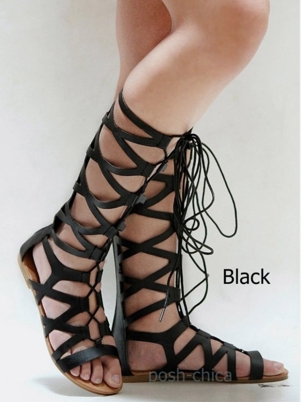 New Black Wide Calf Knee High Lace Up Strappy Gladiator Flat Sandals